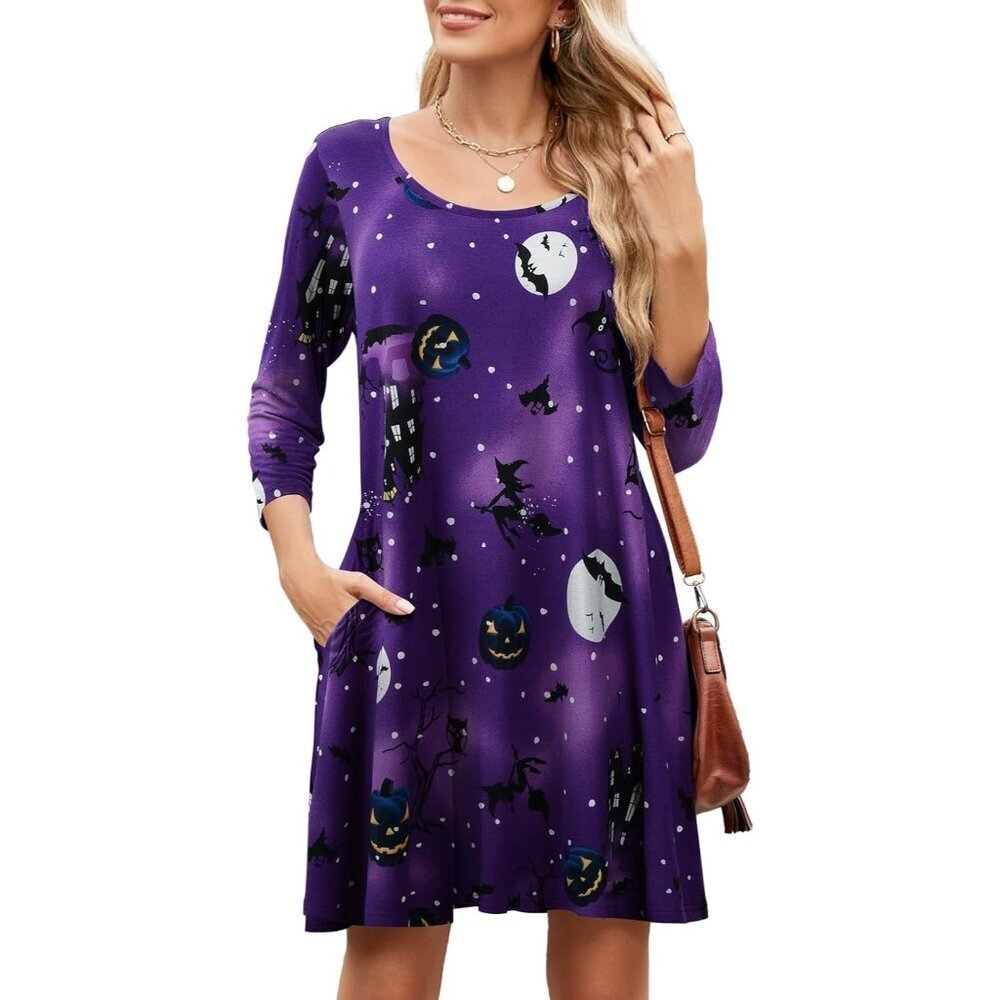 Womens Fall Casual Swing Loose Tunic Dress 3/4 Sleeve Plus Size with Pockets
